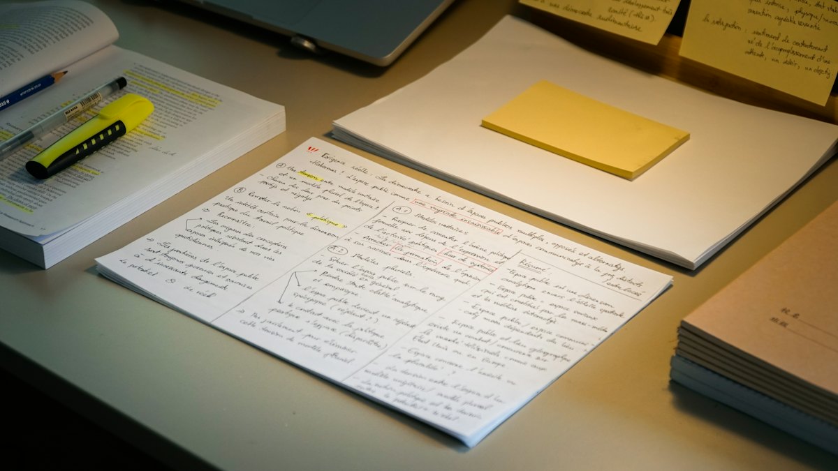 Feuille de notes manuscrites en français sur un bureau, à côté d'un livre surligné et de pense-bêtes, pour préparer un argumentaire